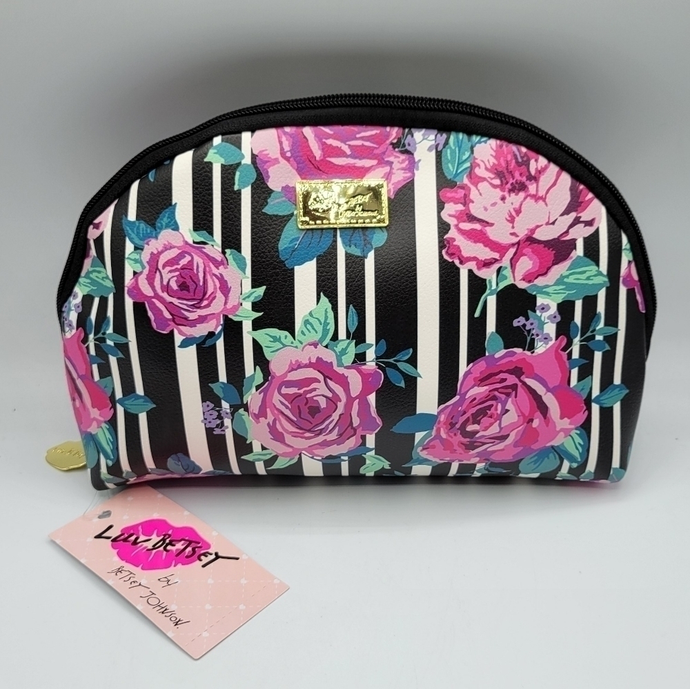 Betsy Johnson Luv Betsey Stripe Rose Dome Cosmetic Travel Makeup Bag